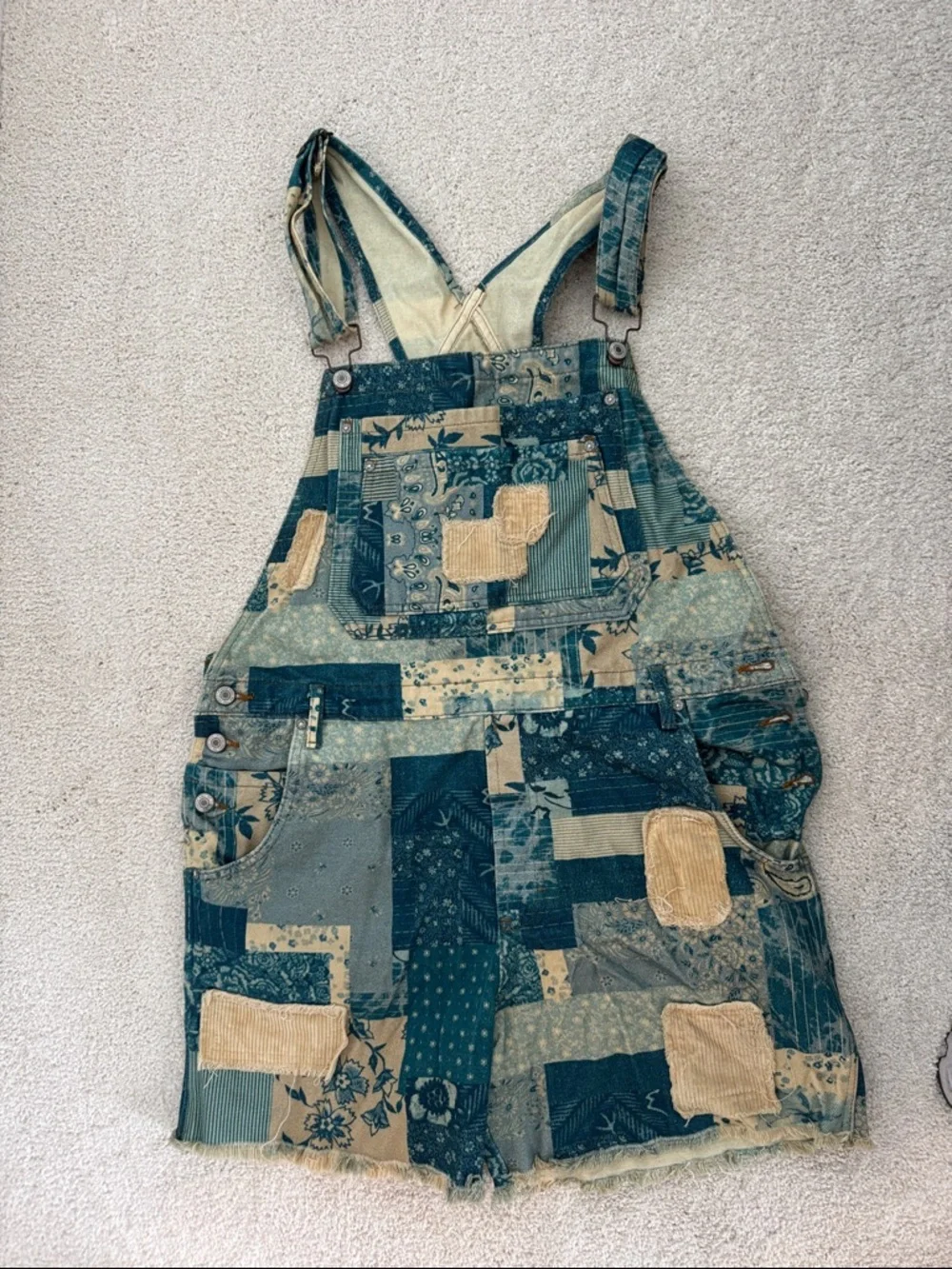 We The Free Teal & Beige Patchwork Denim Overall Dress - Picture 1 of 3